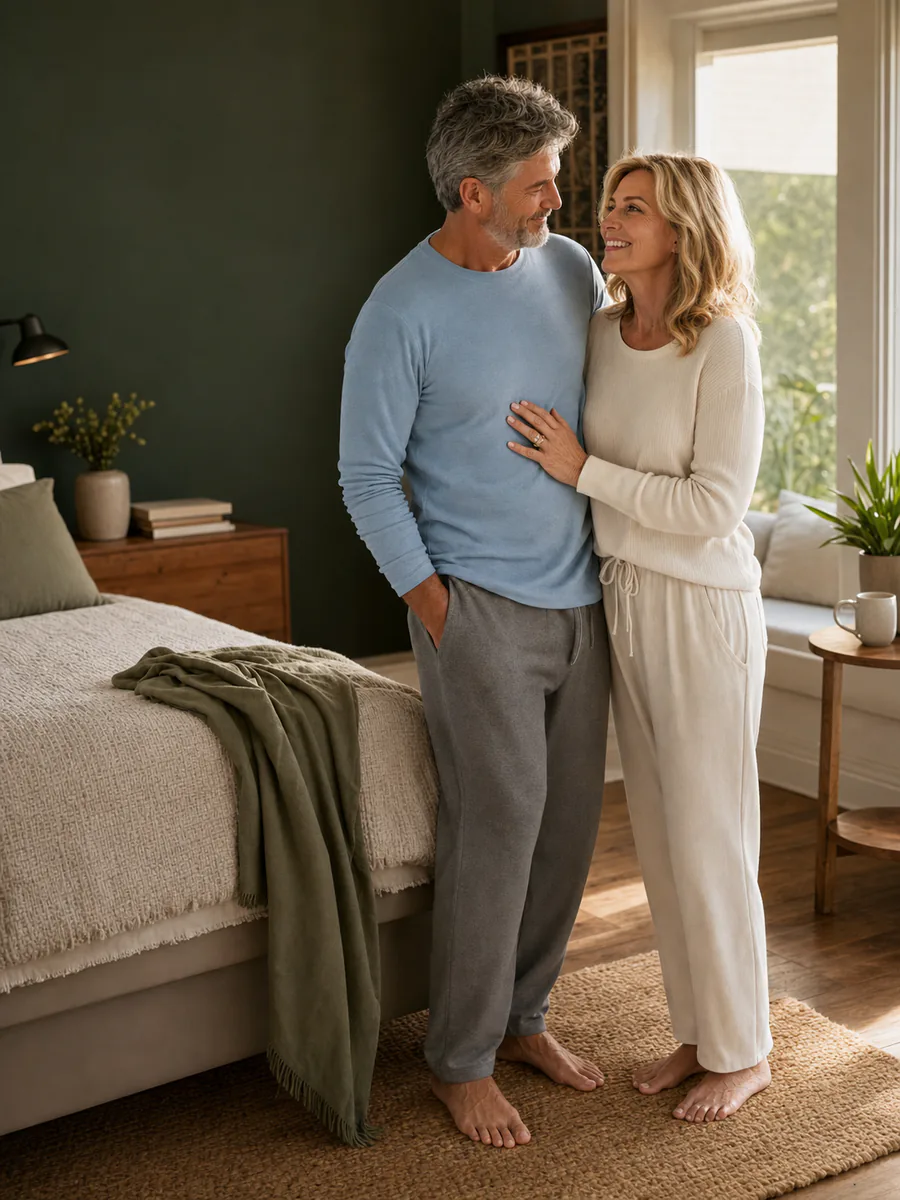 A mature couple enjoying a confident, relaxed morning together