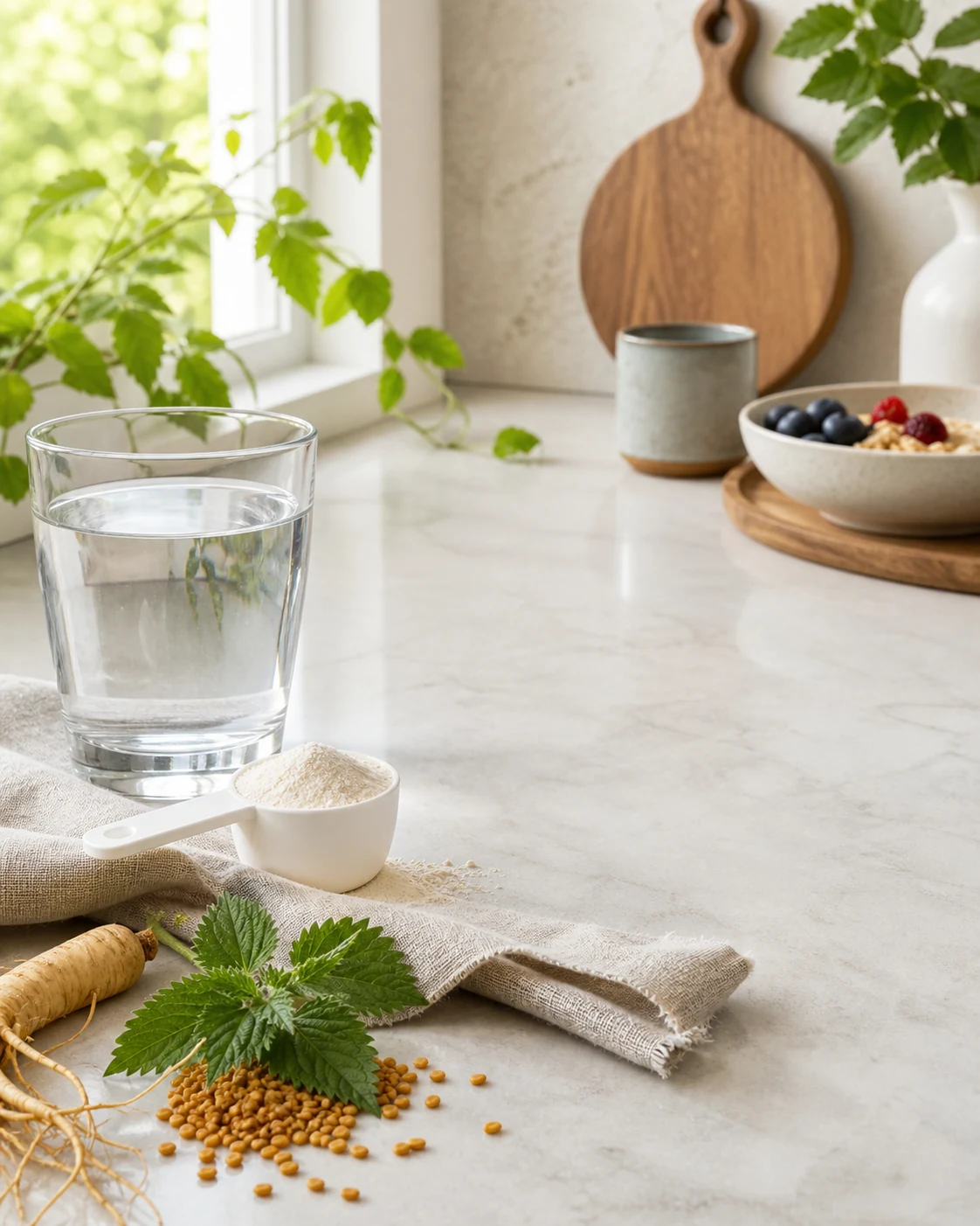 A refined morning supplement routine with water, scoop and botanicals